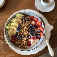 Granola bowl and black coffee  at Hoffmanns Sonnenhaus in Moenchengladbach