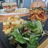 Fried Mushroom burger with roasted potatoes & side pomegranate salad🥗 at URBN Forest  in Larnaca