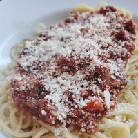 Spag bolognaise with vegan parmesan cheese 💚 at JP's Bar and Food in Zakynthos