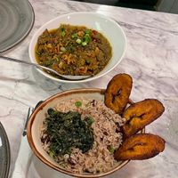 Jerk chicken stew, rice and beans, fried plantain   at Meat The Vegans in North West London
