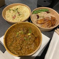 Mac n Cheese and Curried Goat w/ Rice and Plaintains  at Meat The Vegans in North West London