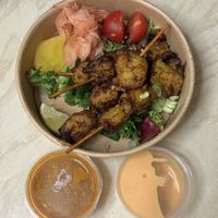 Satay chicken skewers  at Meat The Vegans in North West London