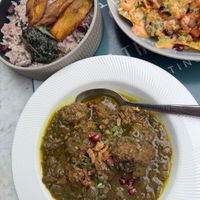 Jerk chicken stew with rice, beans & plantain + Loaded nachos at Meat The Vegans in North West London