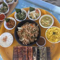 Vegan platter with rice instead of noodles and soy sauce tofu instead of honey.  at Kekeb Restaurant in Nusa Dua