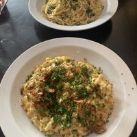 Spaghetti alla Carbonara and Käsespätzle (vegan)  at Mathilda Vegan in Munich