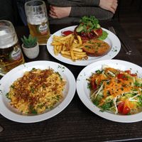 Kässspatzle, salad and burger with fries at Mathilda Vegan in Munich