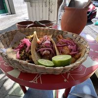 (Left to right) chorizo verde de garbanzo, pastor de setas, yaca pibil  at Taco Santo in Mexico City