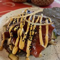 Tostada de atún vegano (vegan tuna made from watermelon!)   at Taco Santo in Mexico City