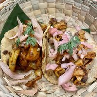Yaca Pibil taco on the left was totally different from all the other tacos we’ve been eating.  at Taco Santo in Mexico City