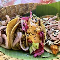 Jackfruit, green chickpea chorizo, chile cascabel, and Baja (no idea which is which)  at Taco Santo in Mexico City