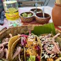 Jackfruit, green chickpea chorizo, chile cascabel, and Baja (no idea which is which)  at Taco Santo in Mexico City