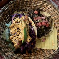Baja eggplant taco (left) and black pastor mushroom taco (right)  at Taco Santo in Mexico City