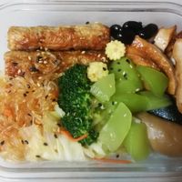 bento with 'black pepper vegan shrimp rolls', veggies, rice, and tofu at Jintian Chisu Yubiandang - 今天吃素御便當 in Hualien