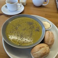 Courgette soup with a pot of tea. at Y Siop Fach Sero in Ferndale
