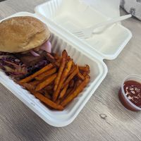 Special: Hawaiian smoked tofu sandwich. It had pineapple on it😄and sweet potato fries. at Greens and Grains in Voorhees