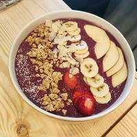 Original Acai bowl with Brazilian acai berry powder at island cafe in Skiathos