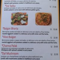 Dinner menu vegan at Paulino's Indian Cuisine in Cusco