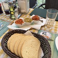 Three traditional dips with bread as starters  at Kaj Kanevche  in Ohrid
