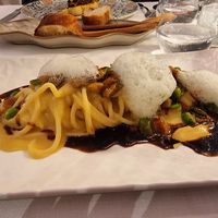 Large spaghetti, chickpea cream, porcini mushroom, 
broad bean air and vegetable demi glace at Ristorante Risorgimento in Sirmione