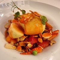 Strawberry soup (non-vegan gelato substituted with green apple sorbet) at Ristorante Risorgimento in Sirmione