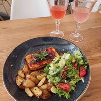Main dish called booch plus kombucha (dark pink) and water kefir (light pink) at Booch Cafe in Riga