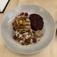 Yeast pancakes with berry jam and peanut butterr  at Booch Cafe in Riga