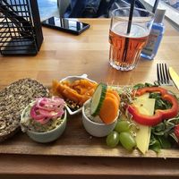 Vegan brunch with nut bread,  vegan ( marinated carrot), humus, cheese and salad at Cafe N°12 in Diekirch