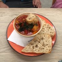 Stew, dumpling and bread  at The Old Bottlery at Healeys Cyder Farm in Truro