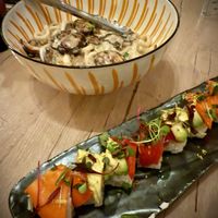 Truffle udon and rainbow roll  at Planta Cocina - Marina del Rey in Marina Del Rey