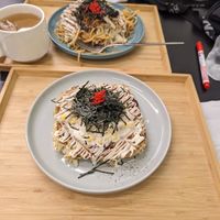 Teryiaki Okonomiyaki and plan-based tuna Okonomiyaki, with some hot tea.   at Hola Vege - 歐拉蔬食工坊 in Kaohsiung