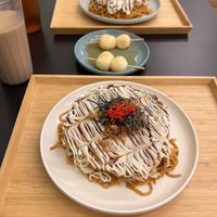 Modanyaki and tofu balls (comes usually with three but we had to try one already 😄)  at Hola Vege - 歐拉蔬食工坊 in Kaohsiung