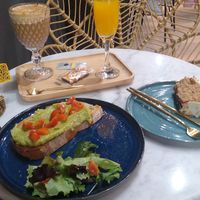 Advocado toast, soy milk latte, mimosa at Liam Brunch in A Coruna