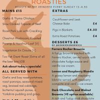 Sunday roast menu, vegan and vegetarian options marked in green  at The Reindeer   in Norwich