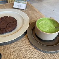 Vegan chocolate cookie and matcha latte  at Verve Coffee Roasters in Kamakura