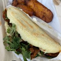 carne asada arepa with maduros at El Salto PDX in Portland