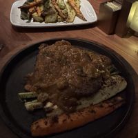 Vegan chargrilled veg in the mid ground  at Perry's in Austin