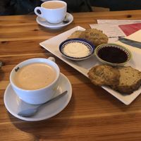 Chilli hot chocolate drink and scones with jam and cream   at Café Lief  in Haarlem