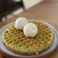 Pandan waffles with coconut ice creamm  at Sundays  in Phnom Penh