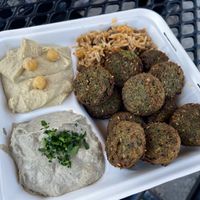 Dinner Platter - hummus, baba ganoush, falafel and lentil/rice dish    at Dahab Falafel Co in Durham