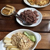 Cold Noodles with Penuts an Sesame, Tempeh, Thai Omelette with Lionsmane Mushroom and rice  at POHSOP in Chiang Mai