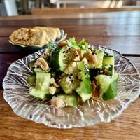 Cucumber salad and a side of tempeh   at POHSOP in Chiang Mai