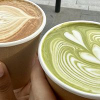 Soy latte cousins: espresso and matcha   at % Arabica in Kyoto