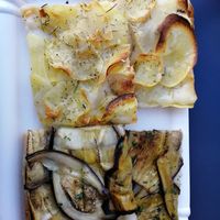 Potato pizza and abuergine/eggplant pizza at Alice Pizza Tivoli in Tivoli