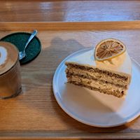 Flat white and Earl Grey lemon cake at Nono Shop & Cafe Seoul in Seoul