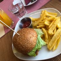 A soya sandwich with salad and fries! And fresh orange juice . total 9e. at Bistro Špajza in Karlovac