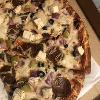 We ordered pepperoni, chicken, bell pepper, red onion, and olives. Tasty, but really lacking in the veggie department, considering those 3 veggies added $6 to the overall cost  at Pizza Twist in Puyallup