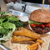 Yum! Forest burger with sweet potato fries, vegan mayo, leaves and coffee   at TREEHOUSE - Causeway Bay in Hong Kong Island