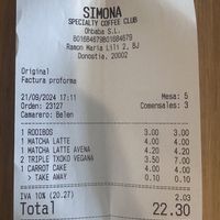 Ticket con precios   at Simona Specialty Coffee Club in San Sebastian