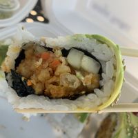 Ninja Turtles: Avocado, Cucumber, Veggie Tempura (Fried Carrots, Zucchini, Squash, Sweet Potato and Onion) and Ginger Dressing at Niko Niko in Redlands