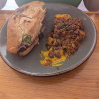 Barbecue mushroom torta with cheesy potatoes with chili at Nanita in Oaxaca